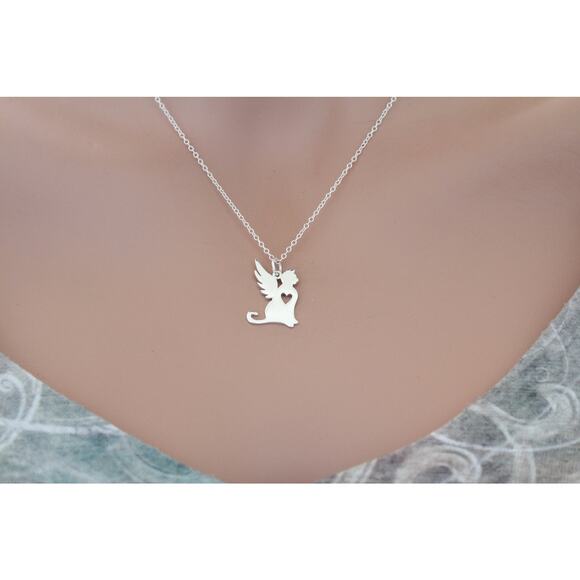 Sterling Silver Angel Cat Charm Necklace, Silver Angel Cat Charm Necklace - Picture 1 of 4